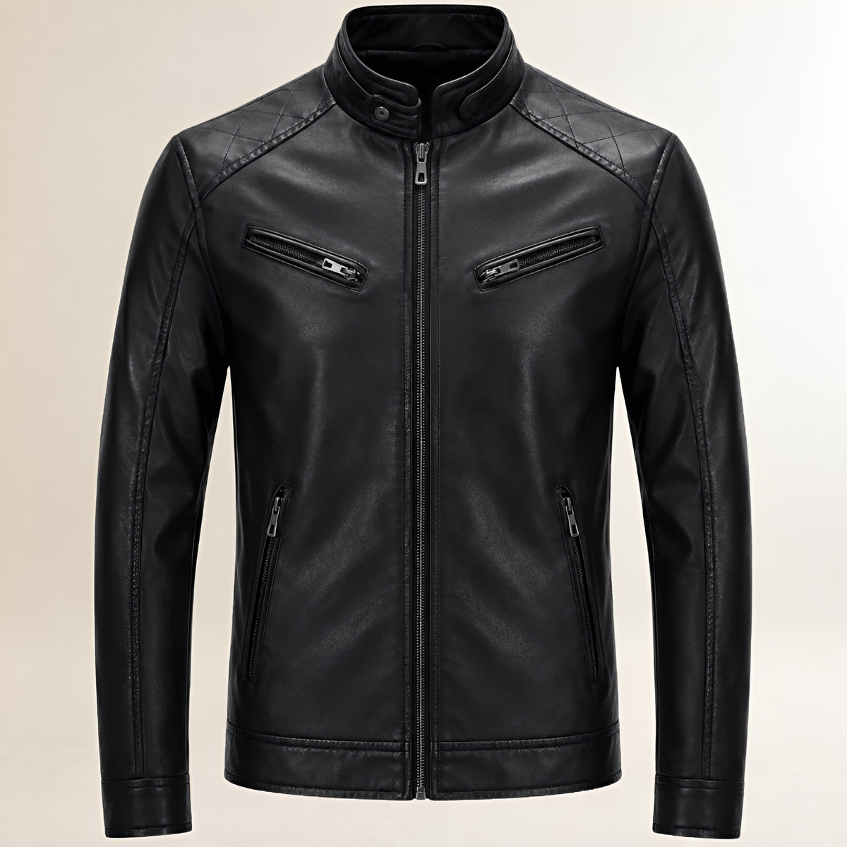 Mantom masculino Moto Jacket com zíper frontal e gola alta com detalhes de ombro