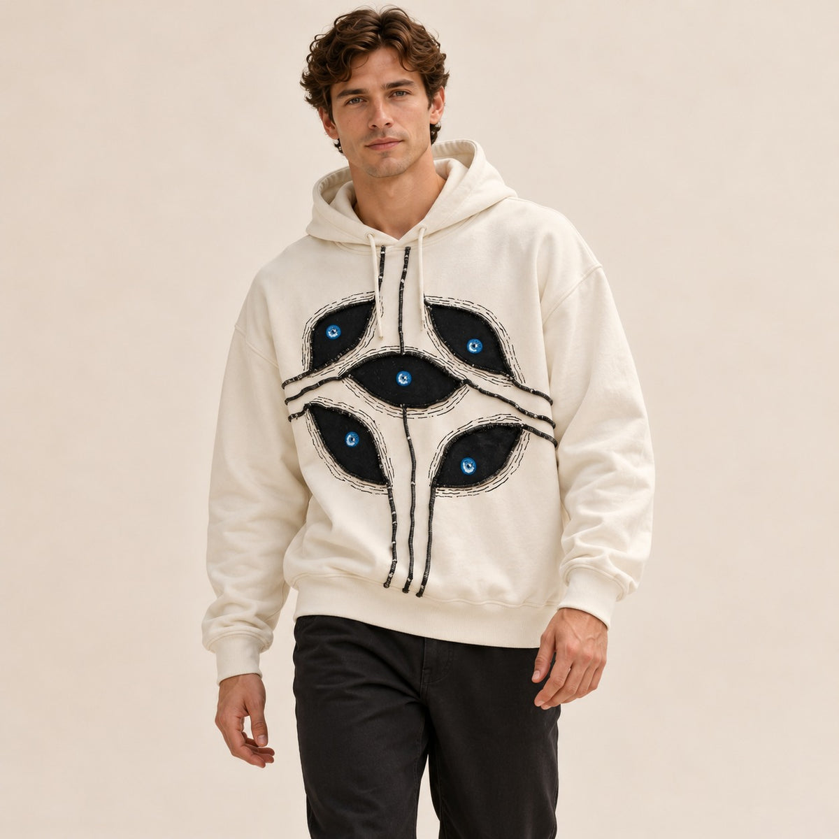 Moletom com capuz para homens, corte cropped oversized, patchwork com motivos de olhos