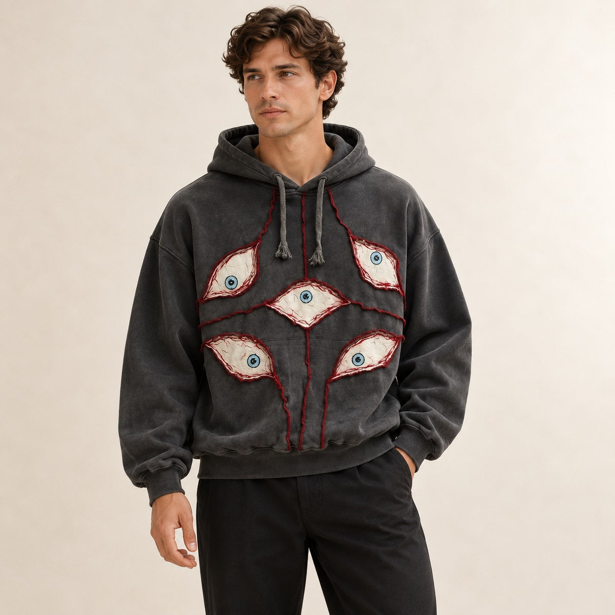 Moletom com capuz para homens, corte cropped oversized, patchwork com motivos de olhos