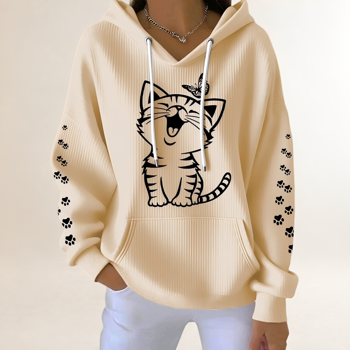 Moletom feminino com estampa de gato central, mangas com patinhas, capuz com cordão e bolso canguru