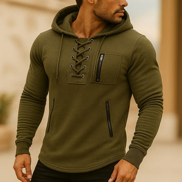Moletom masculino com capuz, fechamento com cadarço e bolsos com zíper