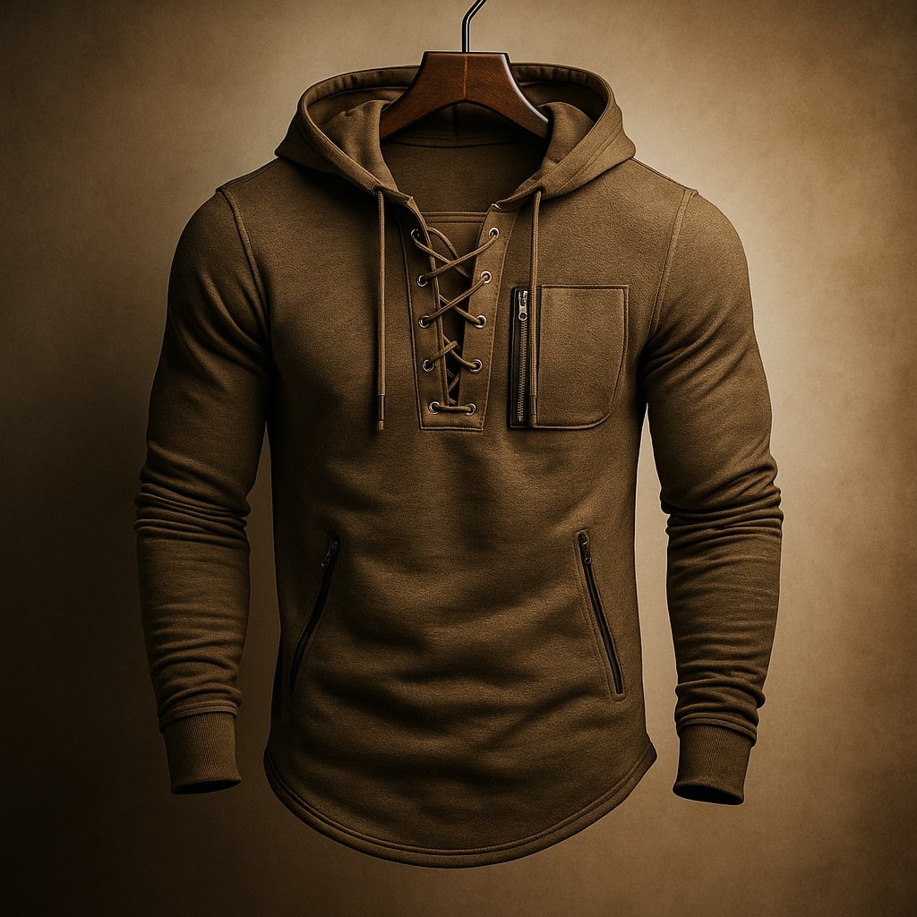 Moletom masculino com capuz, fechamento com cadarço e bolsos com zíper