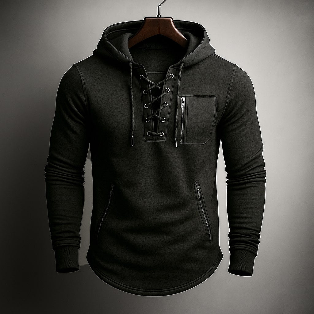 Moletom masculino com capuz, fechamento com cadarço e bolsos com zíper