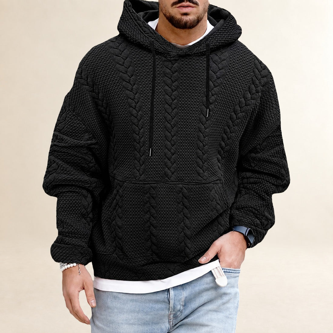 Moletom masculino com capuz texturizado, bolso canguru e corte folgado