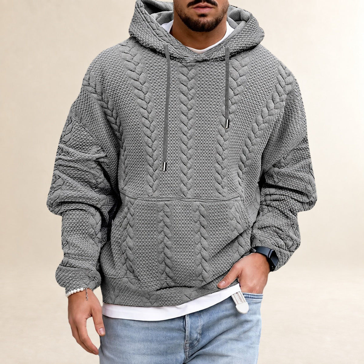 Moletom masculino com capuz texturizado, bolso canguru e corte folgado