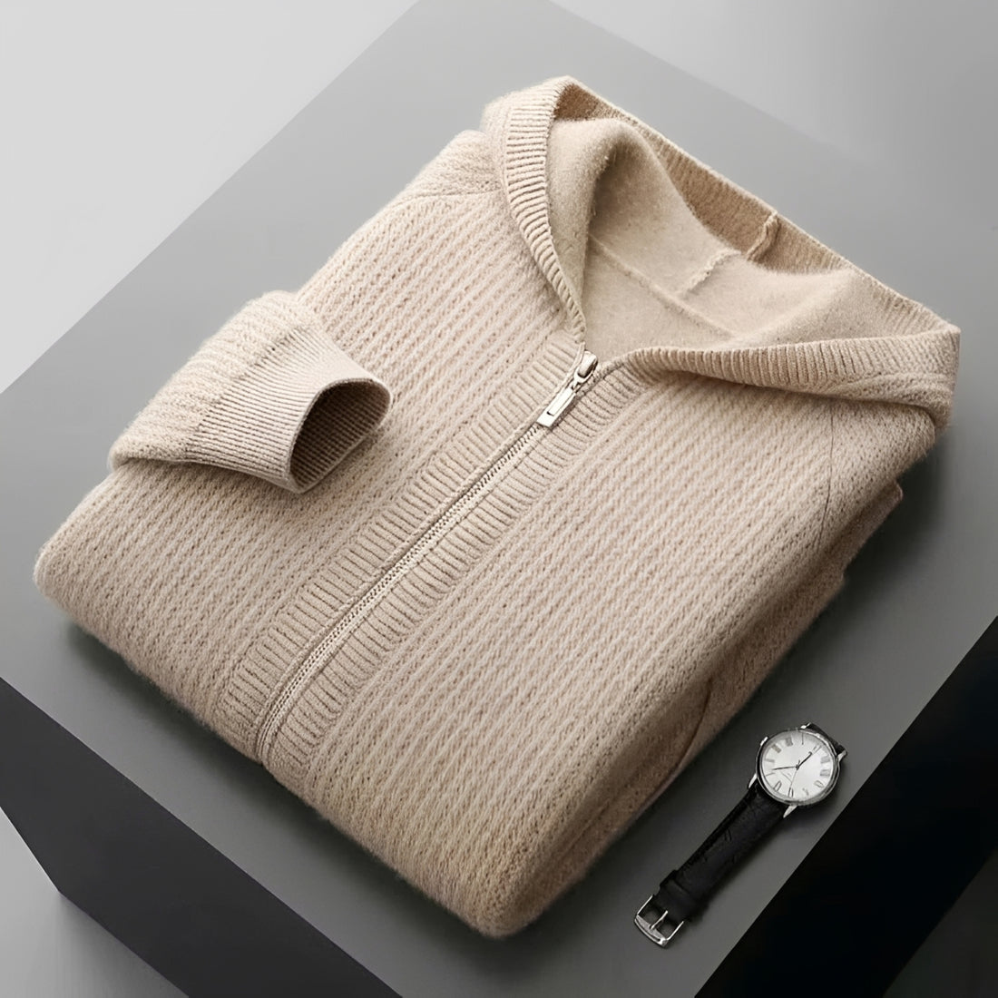 Moletom masculino com zíper, design texturizado, capuz e bolsos