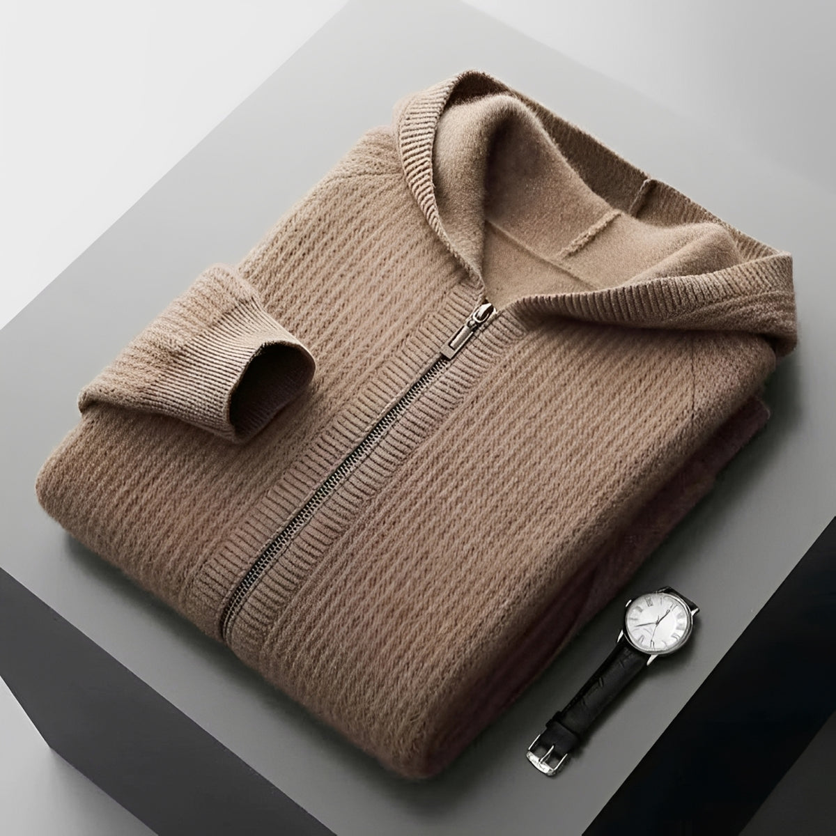 Moletom masculino com zíper, design texturizado, capuz e bolsos