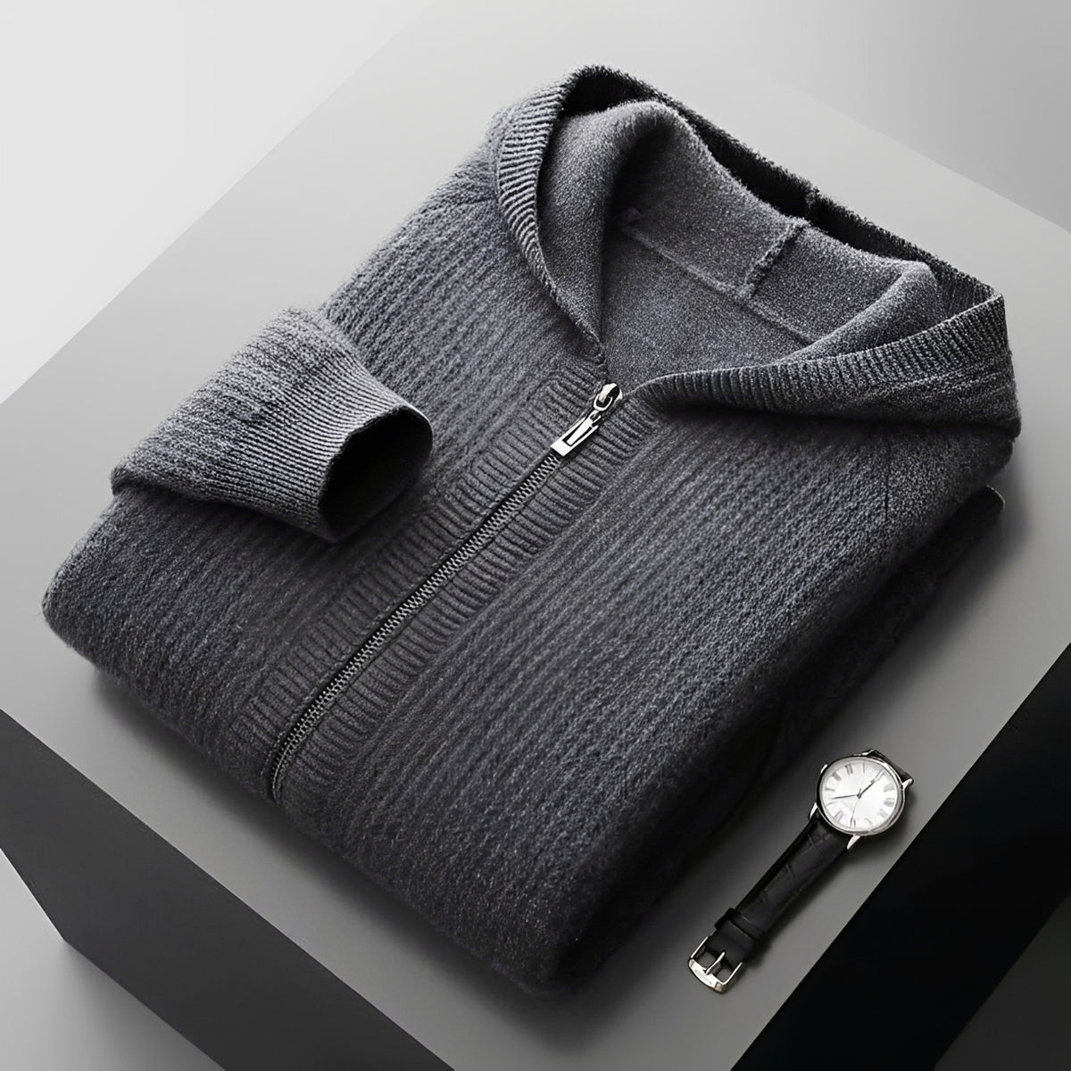 Moletom masculino com zíper, design texturizado, capuz e bolsos