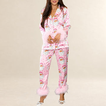 Pijama feminino Conjunto com camisa manga longa de botões e punhos com penas - calças relaxadas com cós elástico e estampa total