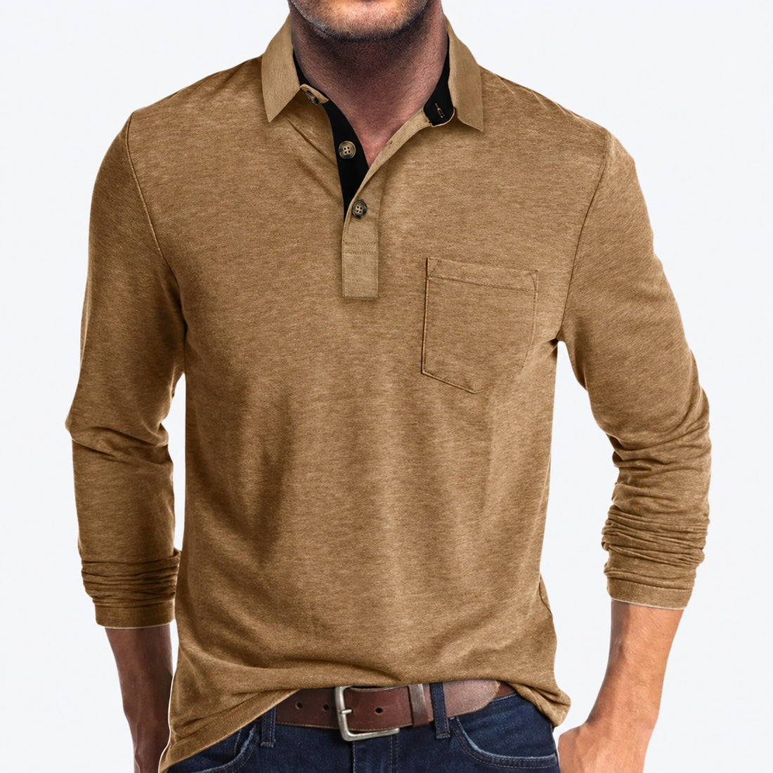 Polo de homem de manga comprida, gola clássica, bolso no peito e modelagem ajustada