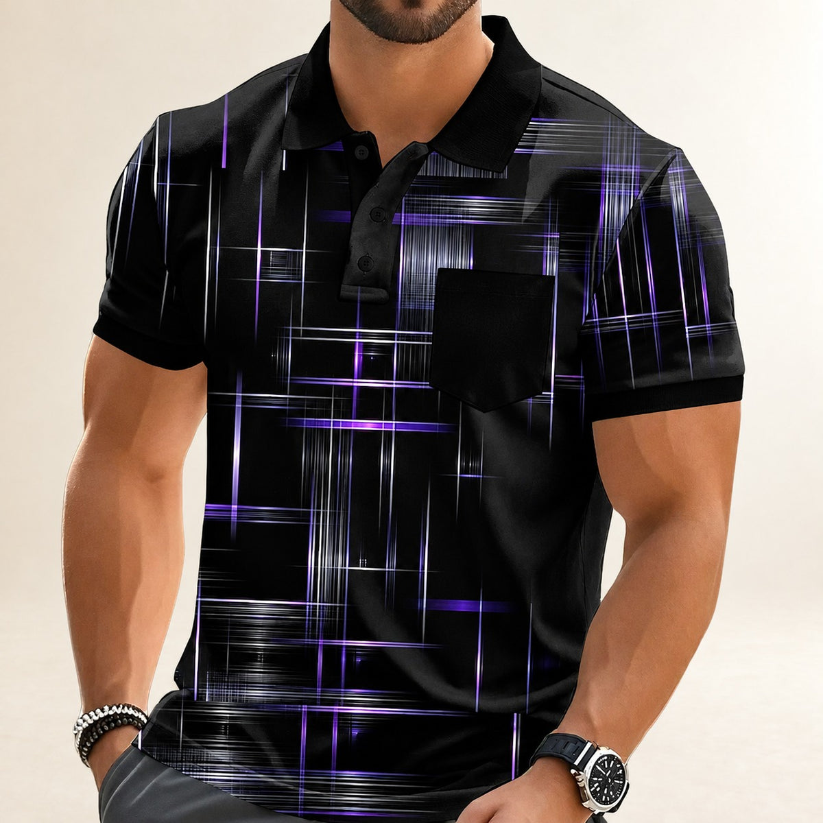 Polo masculina com estampa geométrica em Grade, manga curta, bolso no peito e abotoadura contrastante