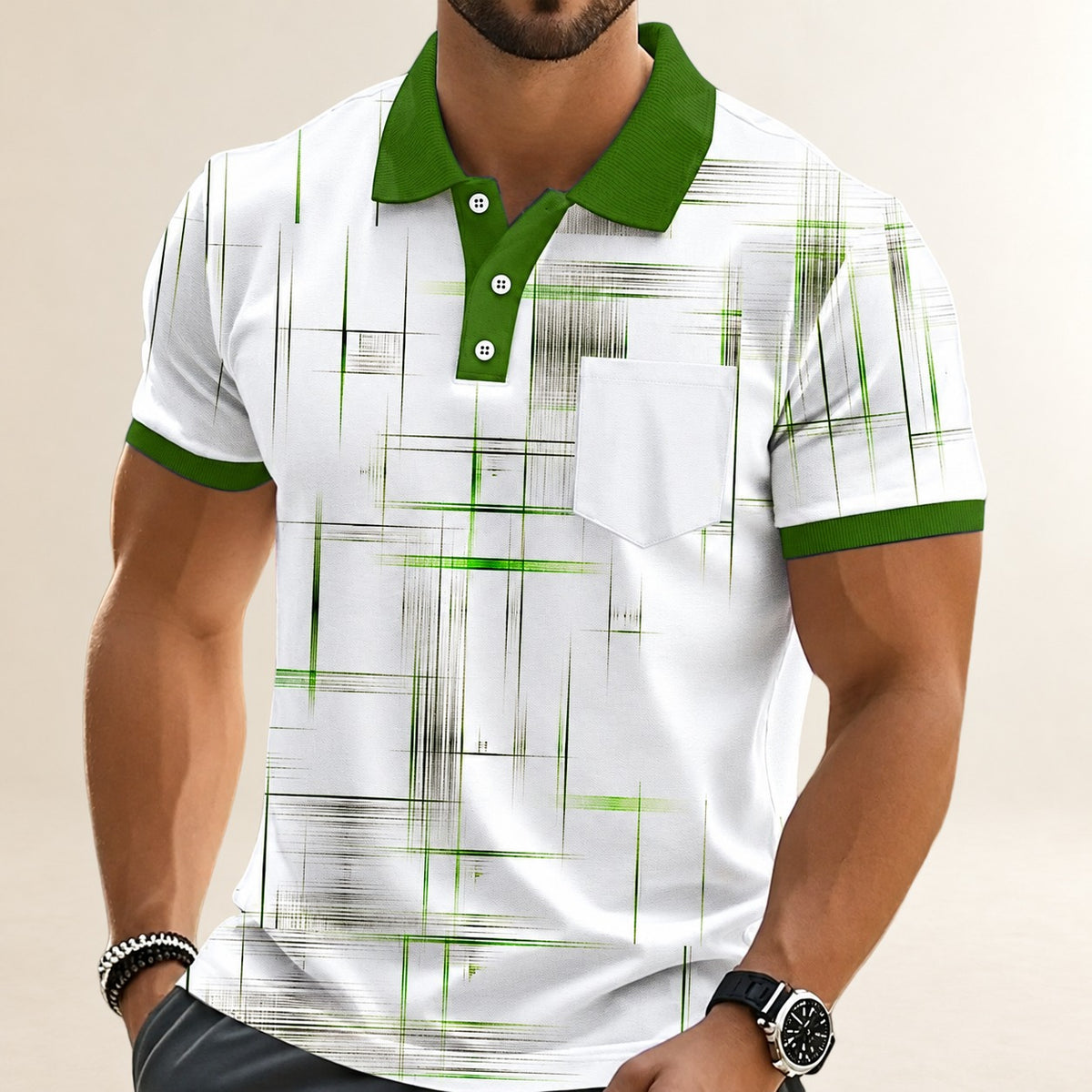 Polo masculina com estampa geométrica em Grade, manga curta, bolso no peito e abotoadura contrastante