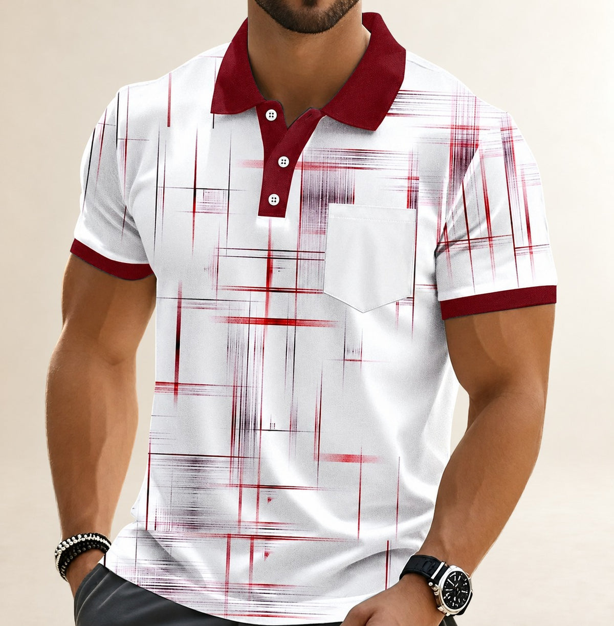 Polo masculina com estampa geométrica em Grade, manga curta, bolso no peito e abotoadura contrastante