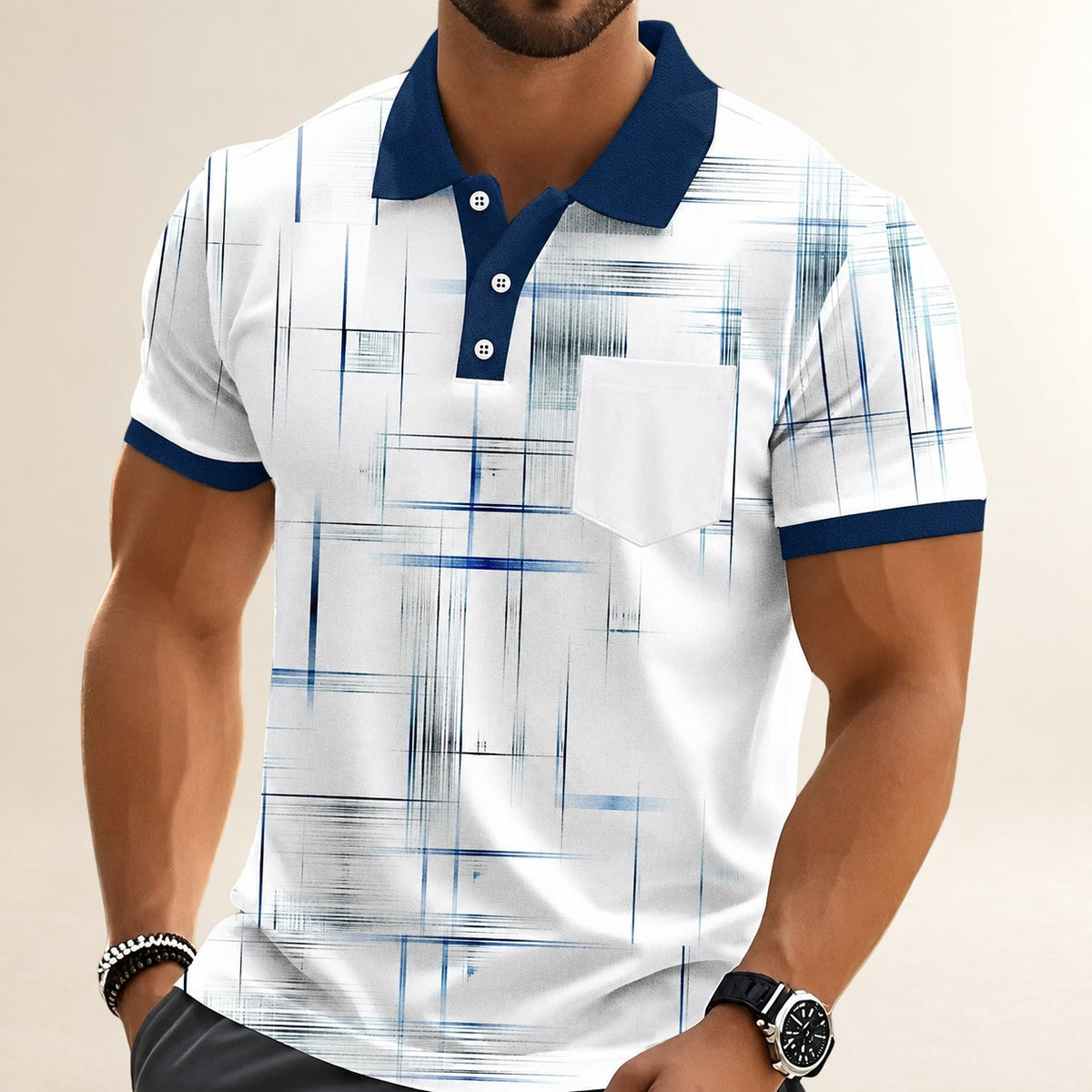 Polo masculina com estampa geométrica em Grade, manga curta, bolso no peito e abotoadura contrastante