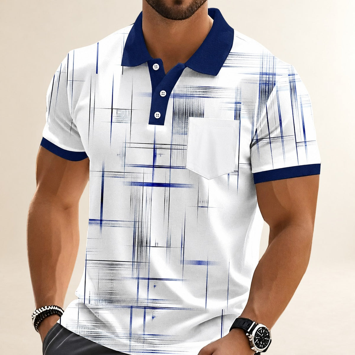 Polo masculina com estampa geométrica em Grade, manga curta, bolso no peito e abotoadura contrastante