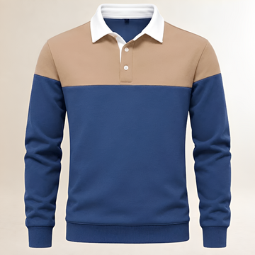 Polo Masculina com Manga Longa e Bico Polo - Gola Contrastante e Aplique em Xadrez na Linha do Peito