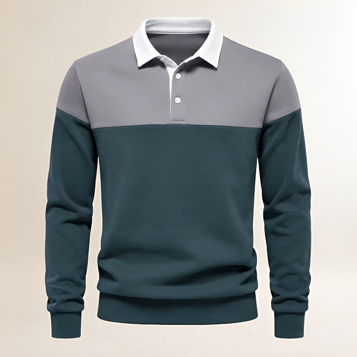 Polo Masculina com Manga Longa e Bico Polo - Gola Contrastante e Aplique em Xadrez na Linha do Peito