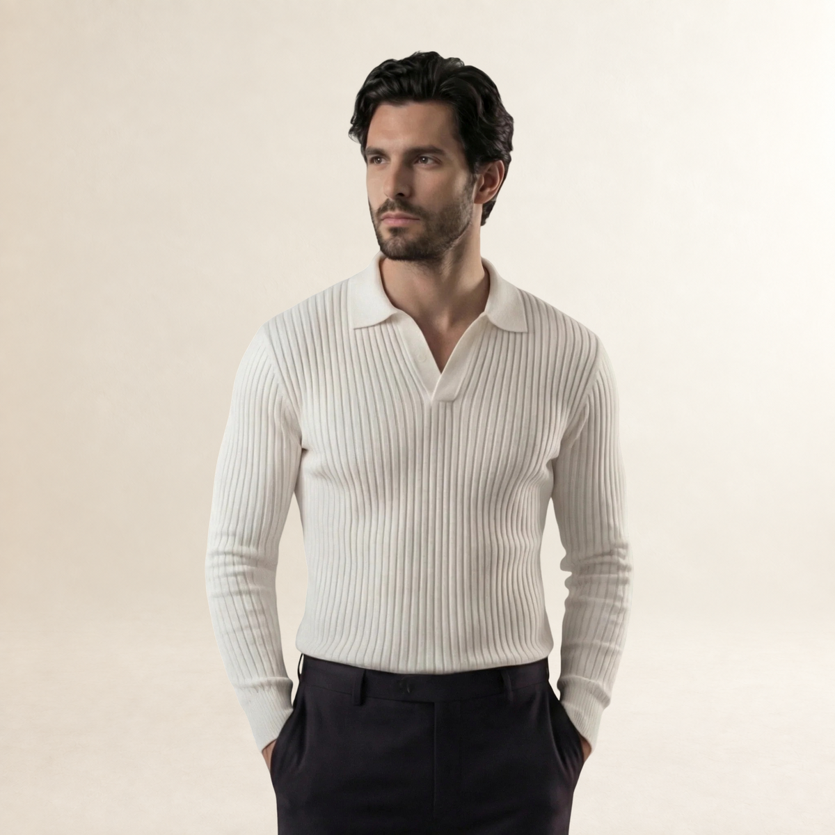 Polo Masculina de Manga Comprida Canelada - Gola em V com Abertura Frontal