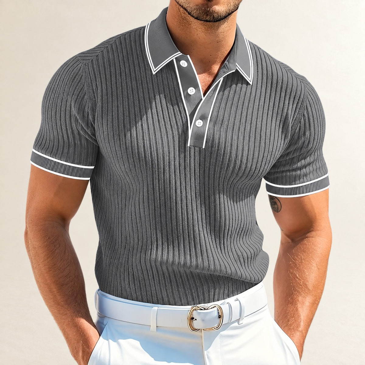 Polo masculino com ombro contraste e bolso inteiriço - polo manga curta com gola com decote em V? Wait