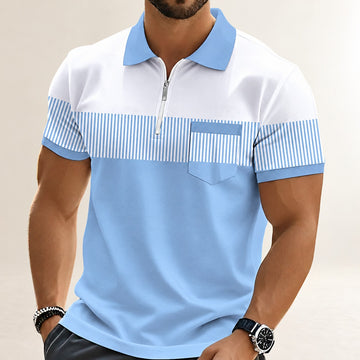 Polo masculino manga curta com zíper e painel listrado no peito - ajuste regular