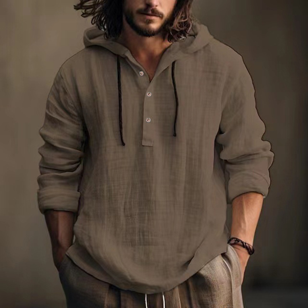 Roupas Masculinas - Camiseta com Capuz e Vareta de Botões no Peito, Manga Longa, corte Relaxado