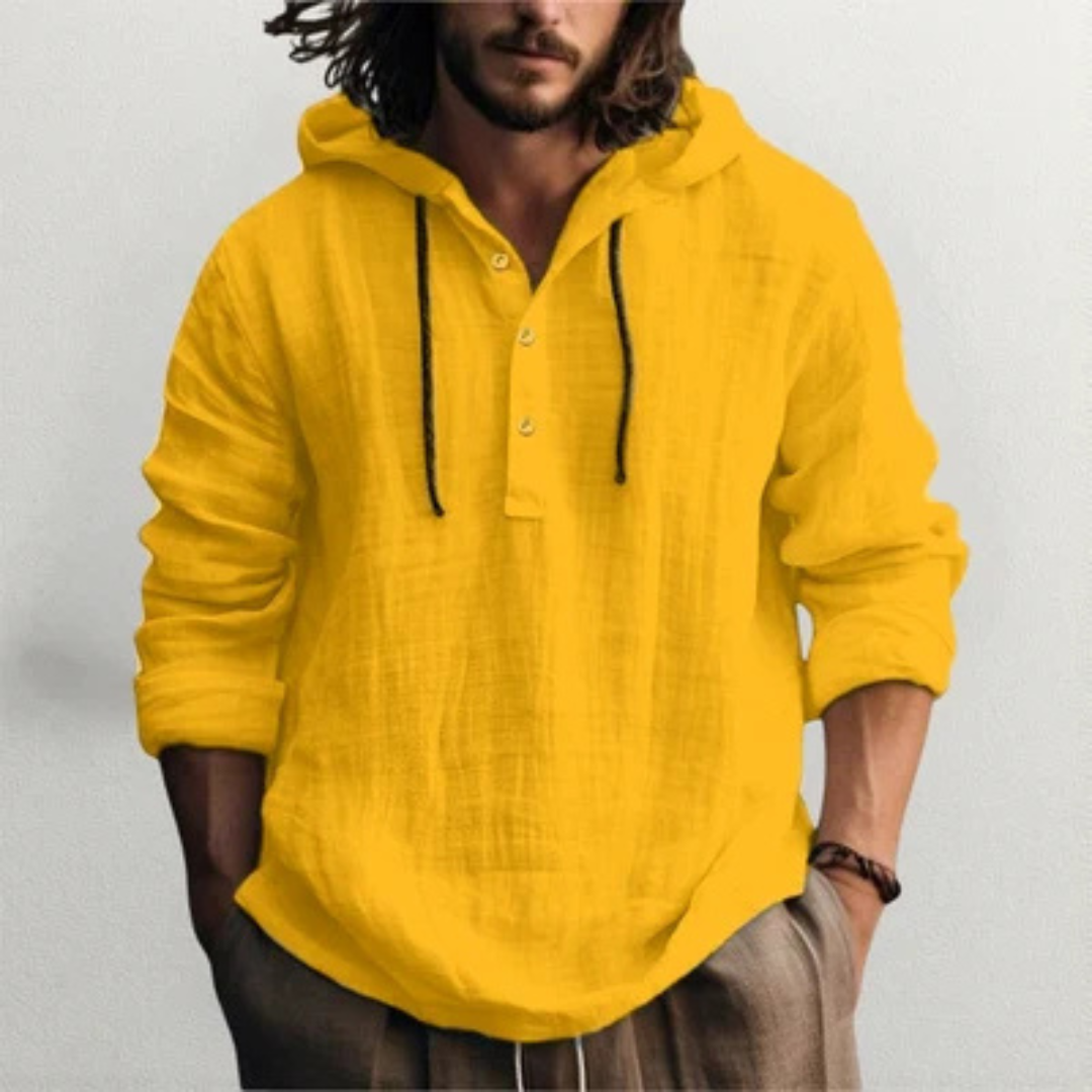 Roupas Masculinas - Camiseta com Capuz e Vareta de Botões no Peito, Manga Longa, corte Relaxado