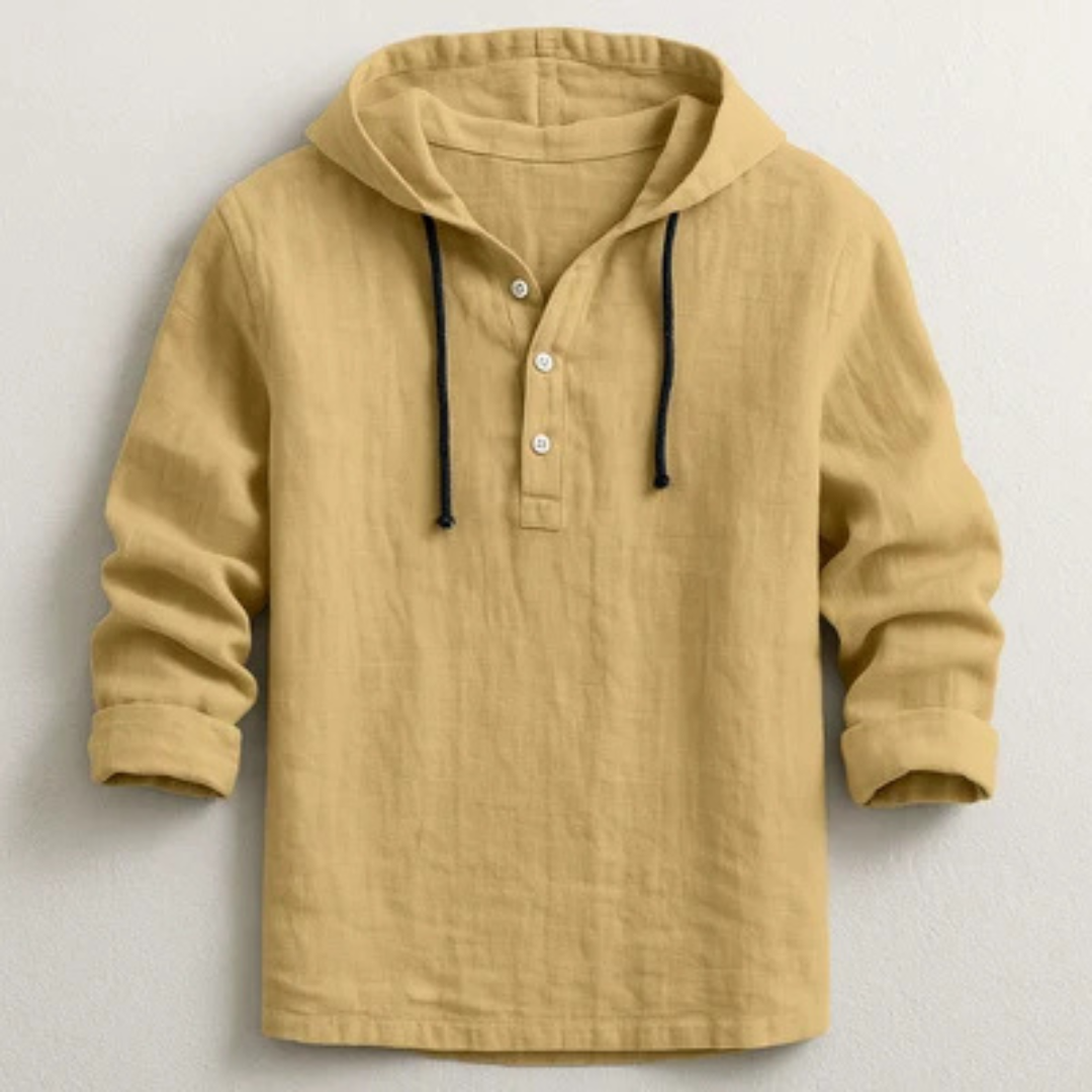 Roupas Masculinas - Camiseta com Capuz e Vareta de Botões no Peito, Manga Longa, corte Relaxado