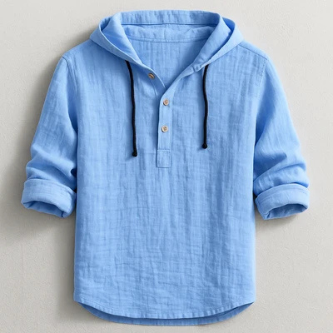 Roupas Masculinas - Camiseta com Capuz e Vareta de Botões no Peito, Manga Longa, corte Relaxado