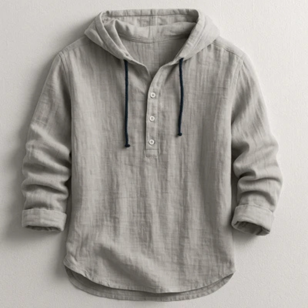 Roupas Masculinas - Camiseta com Capuz e Vareta de Botões no Peito, Manga Longa, corte Relaxado