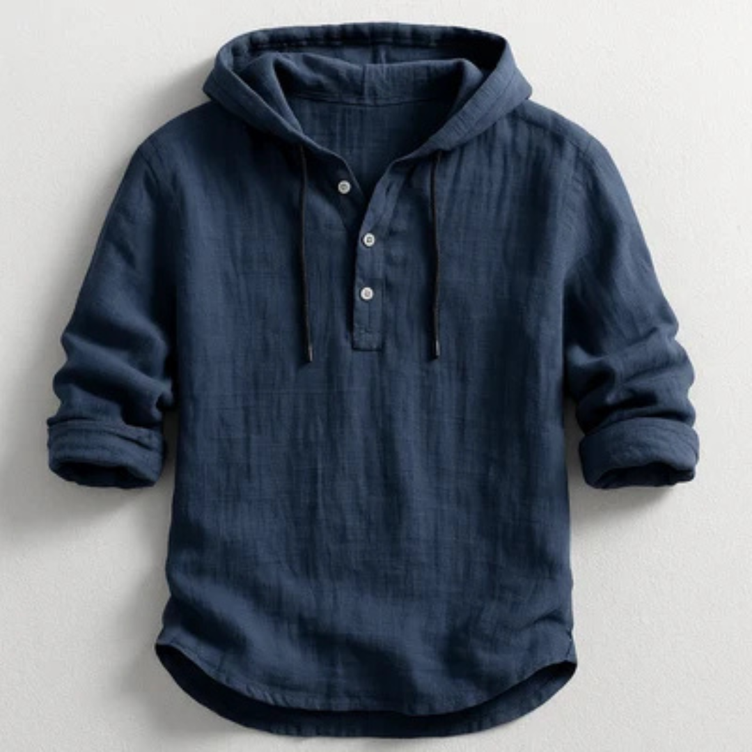 Roupas Masculinas - Camiseta com Capuz e Vareta de Botões no Peito, Manga Longa, corte Relaxado