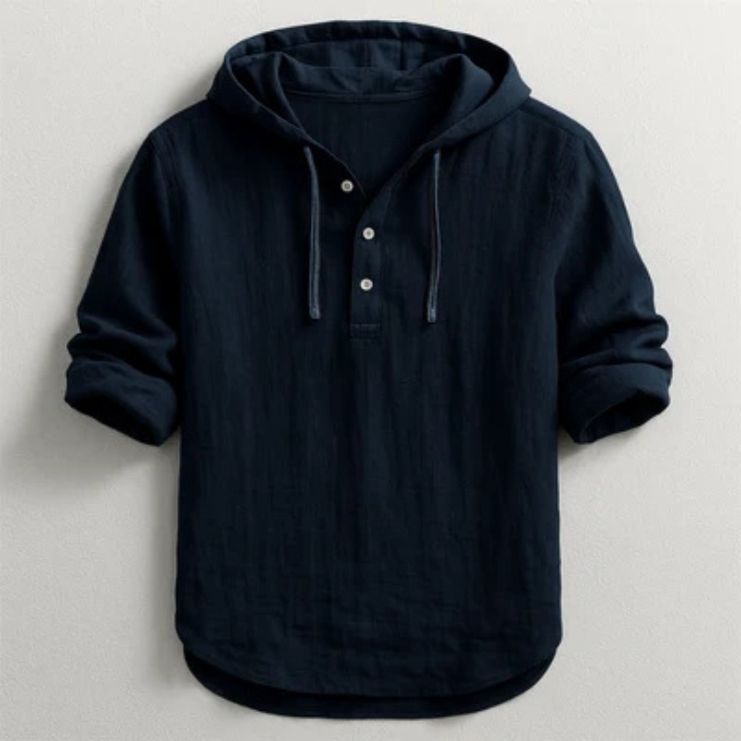 Roupas Masculinas - Camiseta com Capuz e Vareta de Botões no Peito, Manga Longa, corte Relaxado
