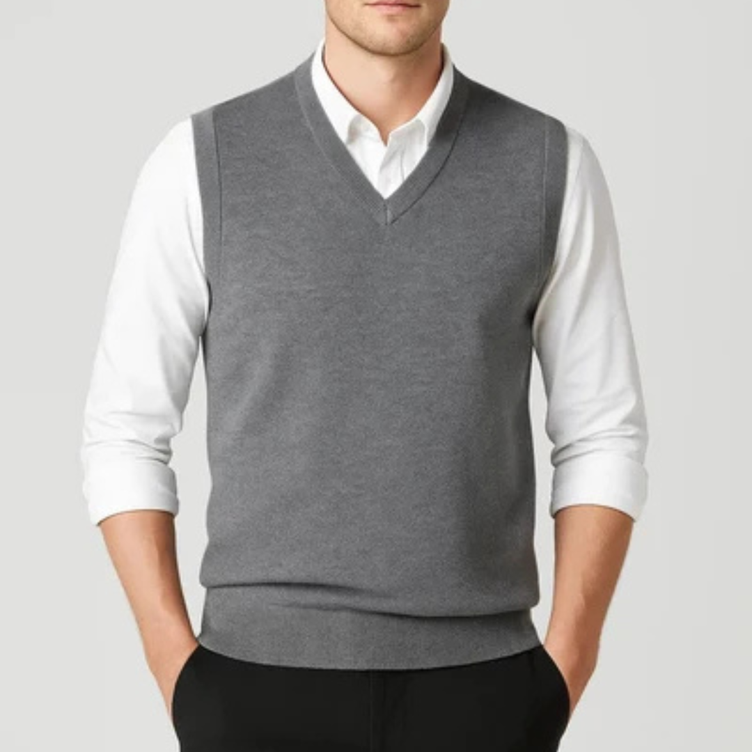 Senhor/ Homem: Colete/ Colete de Suéter de V com alça sem mangas — modelo liso com decote em V e ribos trêm