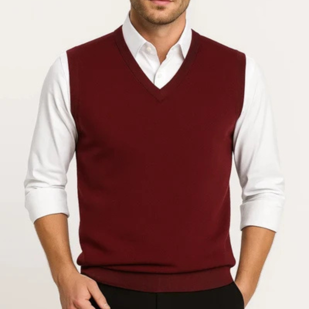 Senhor/ Homem: Colete/ Colete de Suéter de V com alça sem mangas — modelo liso com decote em V e ribos trêm