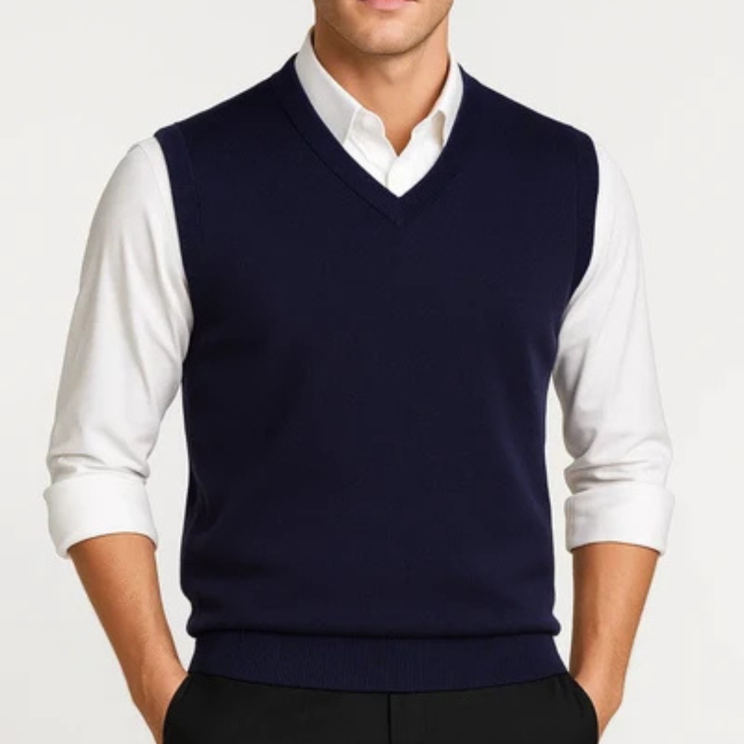 Senhor/ Homem: Colete/ Colete de Suéter de V com alça sem mangas — modelo liso com decote em V e ribos trêm