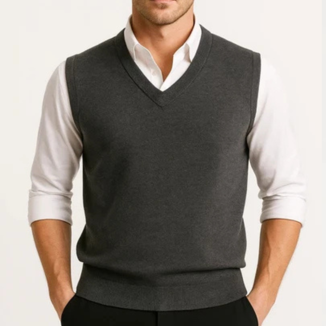 Senhor/ Homem: Colete/ Colete de Suéter de V com alça sem mangas — modelo liso com decote em V e ribos trêm
