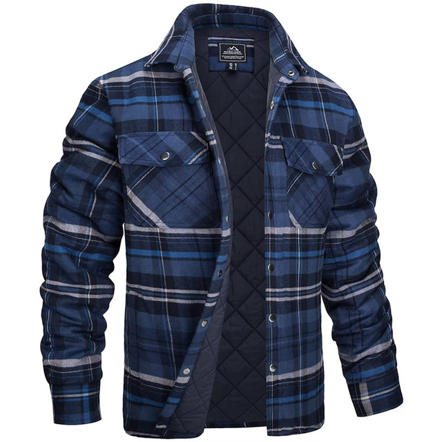 Sobrecamisa de homem aos quadrados com fecho de botões e bolsos no peito – forrada, corte reto