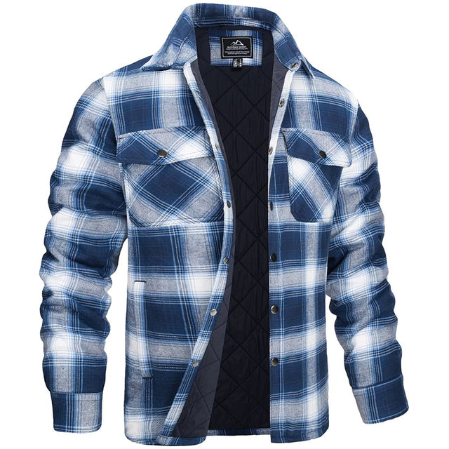 Sobrecamisa de homem aos quadrados com fecho de botões e bolsos no peito – forrada, corte reto