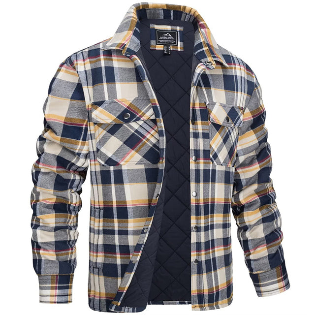 Sobrecamisa de homem aos quadrados com fecho de botões e bolsos no peito – forrada, corte reto