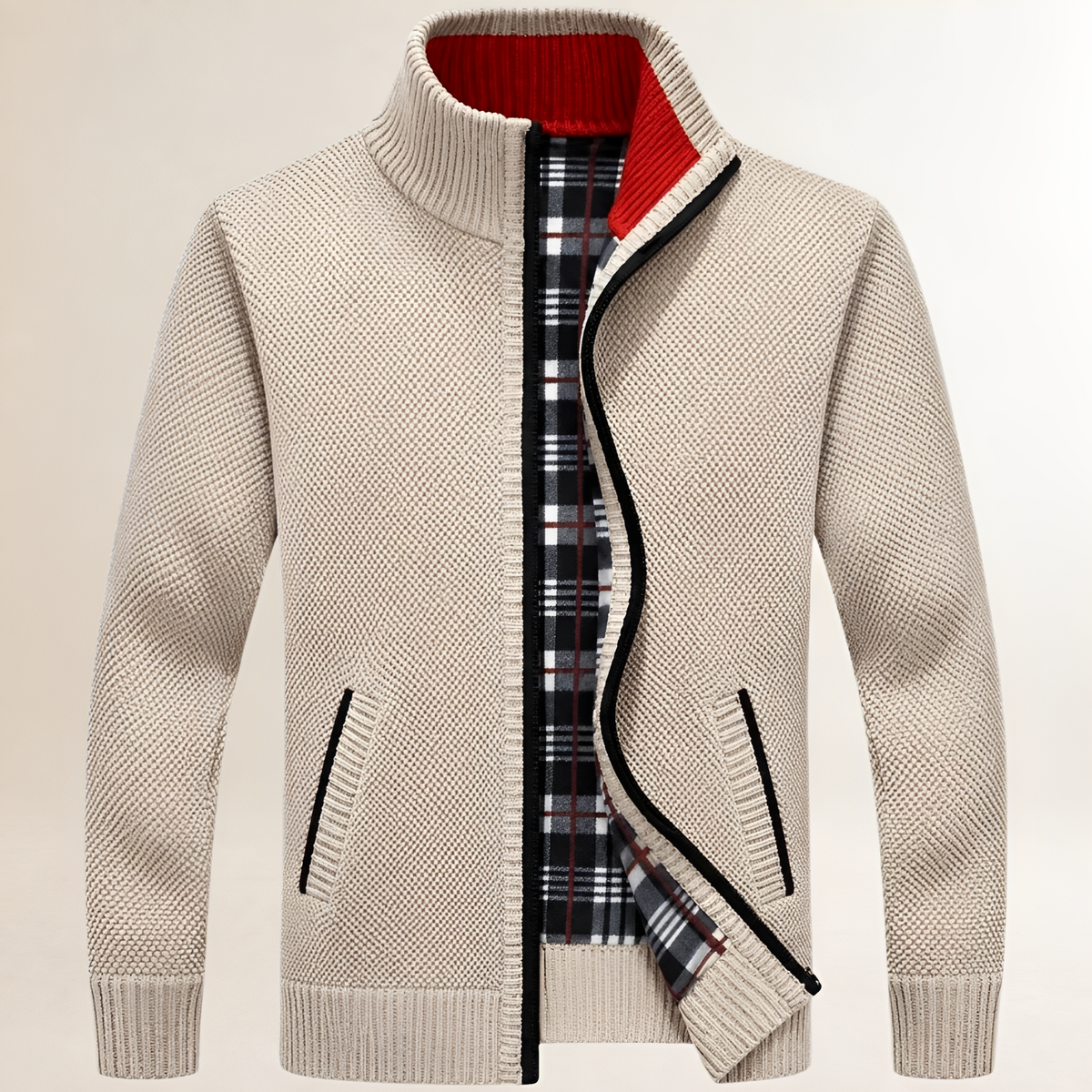 Suéter com zíper masculino, gola alta, forro xadrez e ajuste casual