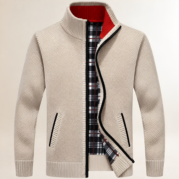 Suéter com zíper masculino, gola alta, forro xadrez e ajuste casual