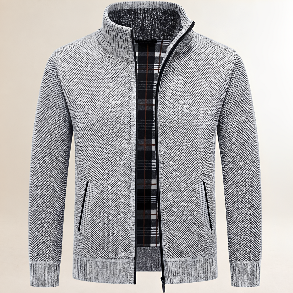 Suéter com zíper masculino, gola alta, forro xadrez e ajuste casual