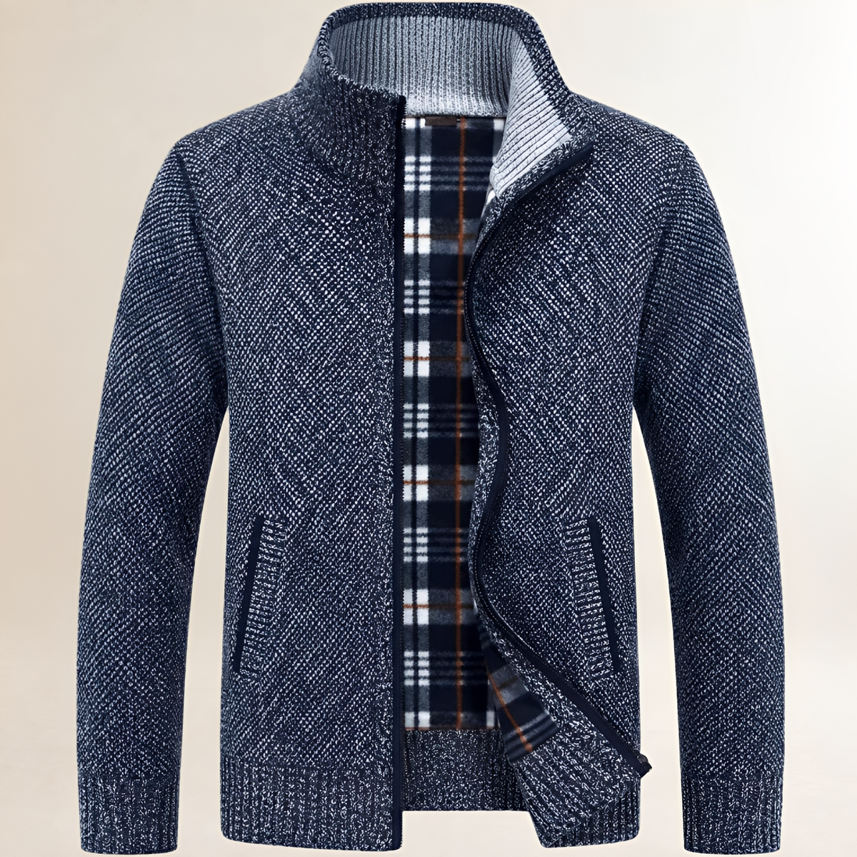 Suéter com zíper masculino, gola alta, forro xadrez e ajuste casual