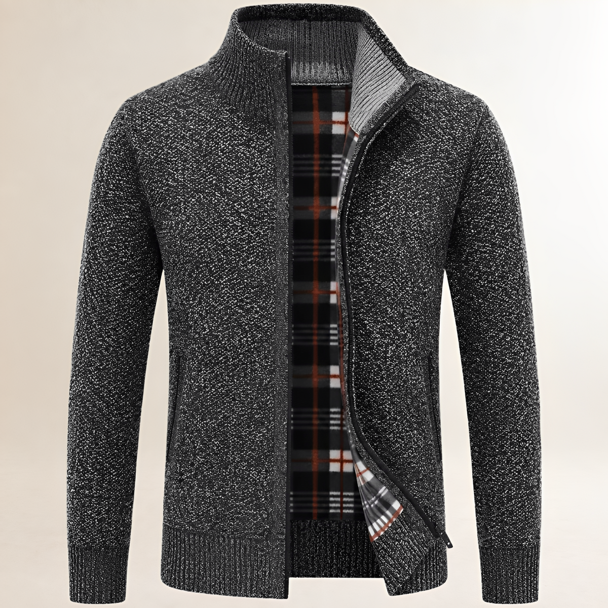 Suéter com zíper masculino, gola alta, forro xadrez e ajuste casual