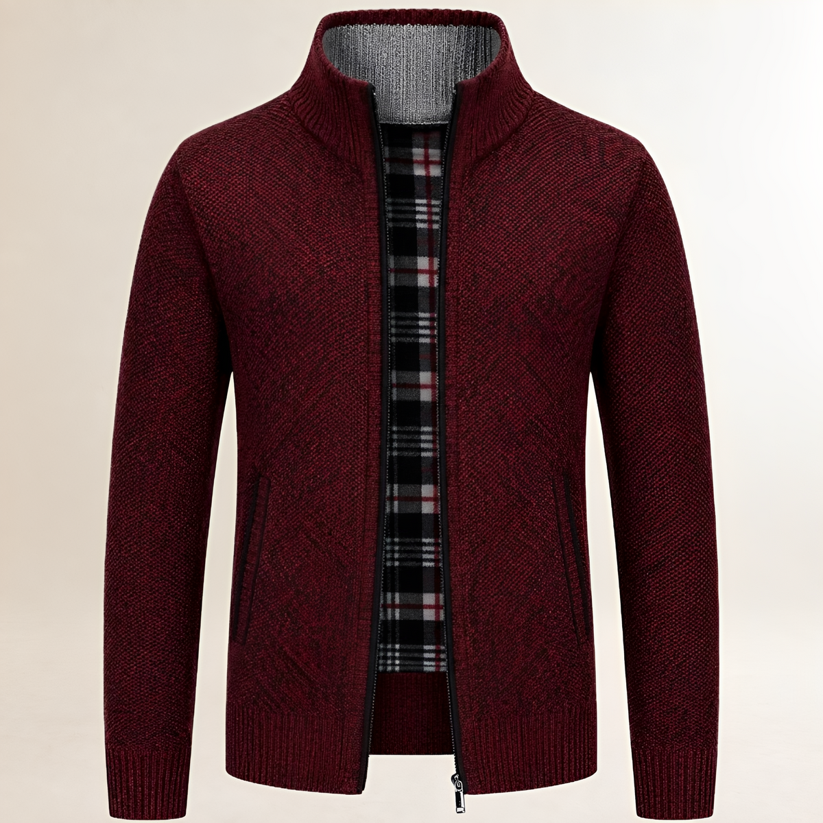 Suéter com zíper masculino, gola alta, forro xadrez e ajuste casual