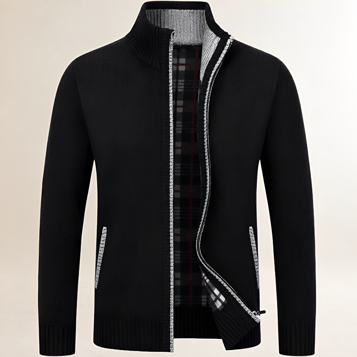 Suéter com zíper masculino, gola alta, forro xadrez e ajuste casual