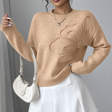 Suéter feminino com bordado floral, caimento relaxado e comprimento cropped