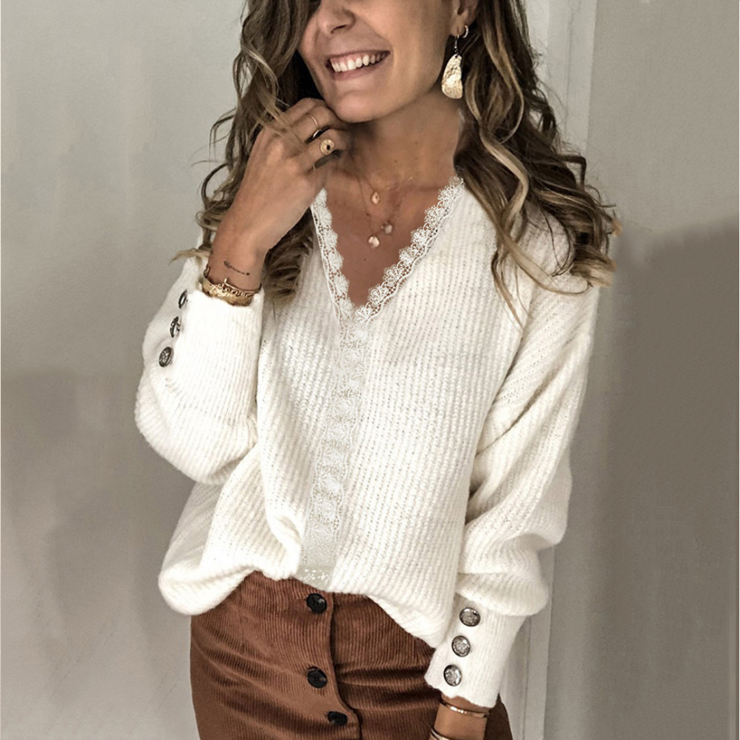 Suéter feminino com decote em V e centro frontal em renda, manga longa com punhos de botão