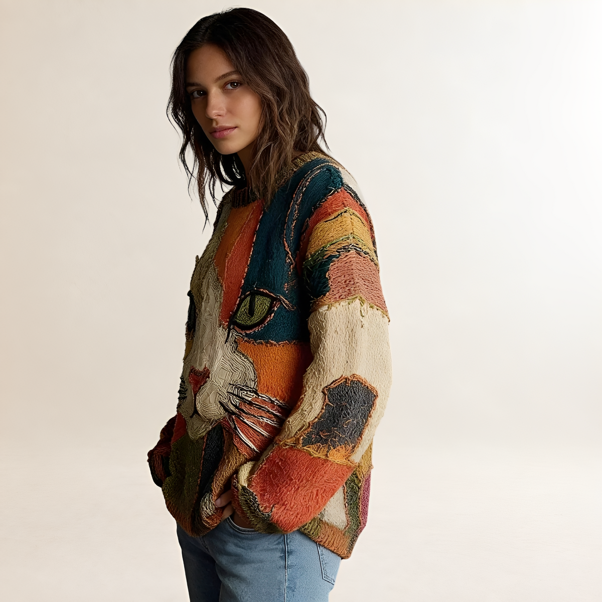 Suéter feminino com design artístico de gato e caimento relaxed fit