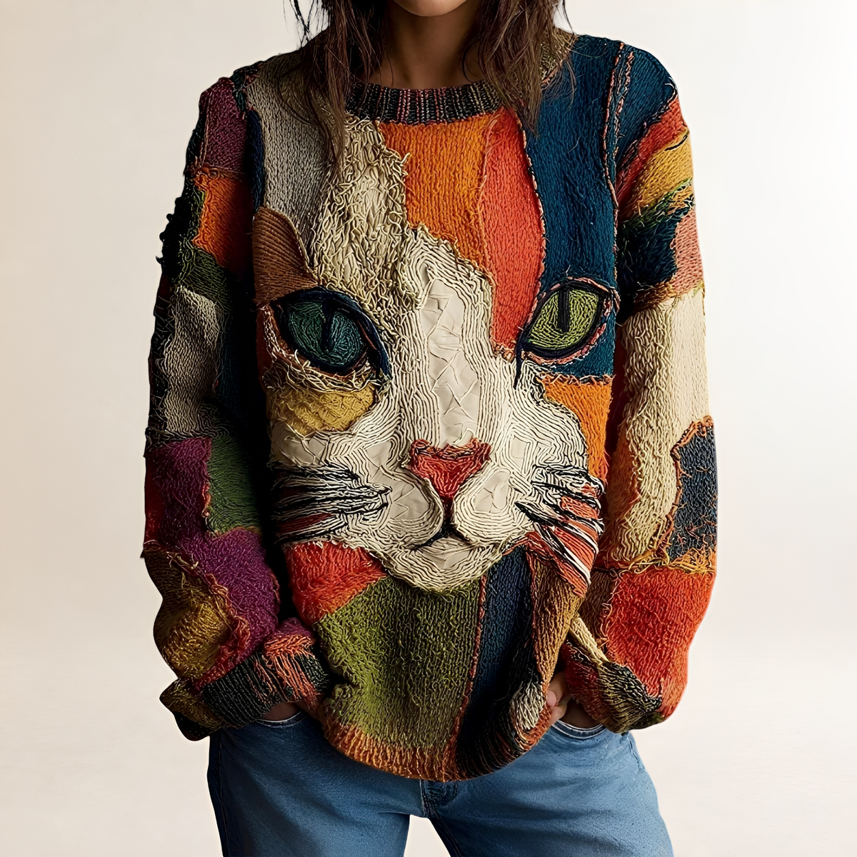 Suéter feminino com design artístico de gato e caimento relaxed fit