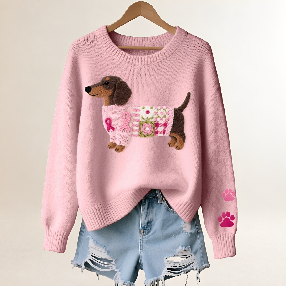 Suéter feminino com estampa de dachshund, decote V, caimento relaxado e patchwork divertido